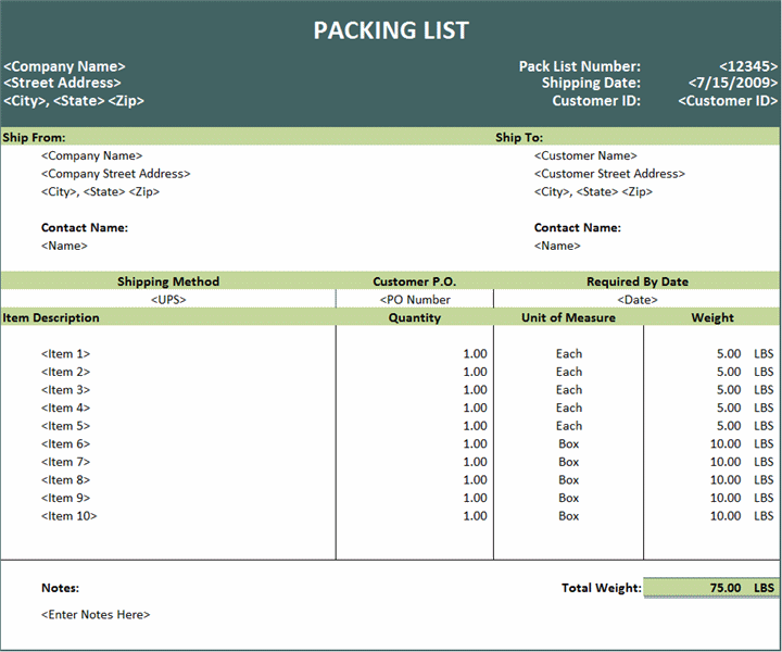 Packing list 